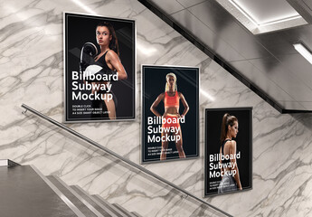 Three Billboards on Underground Subway Wall with Stairs Mockup