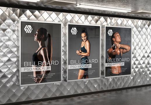 Three Billboards on Underground Subway Wall Mockup