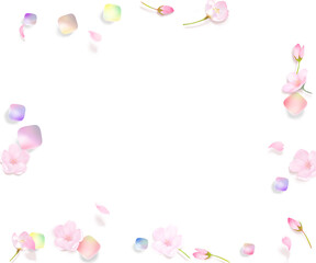 桜の花とつぼみと花びらー虹色ガラスの転がるかわいいフレームイラスト白バック素材