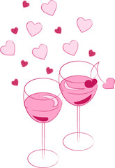 Fototapeta na wymiar Hand drawn pair of wine glasses with drink Valentine day themed with hearts and cherries