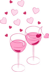 Hand drawn pair of wine glasses with drink Valentine day themed with hearts and cherries