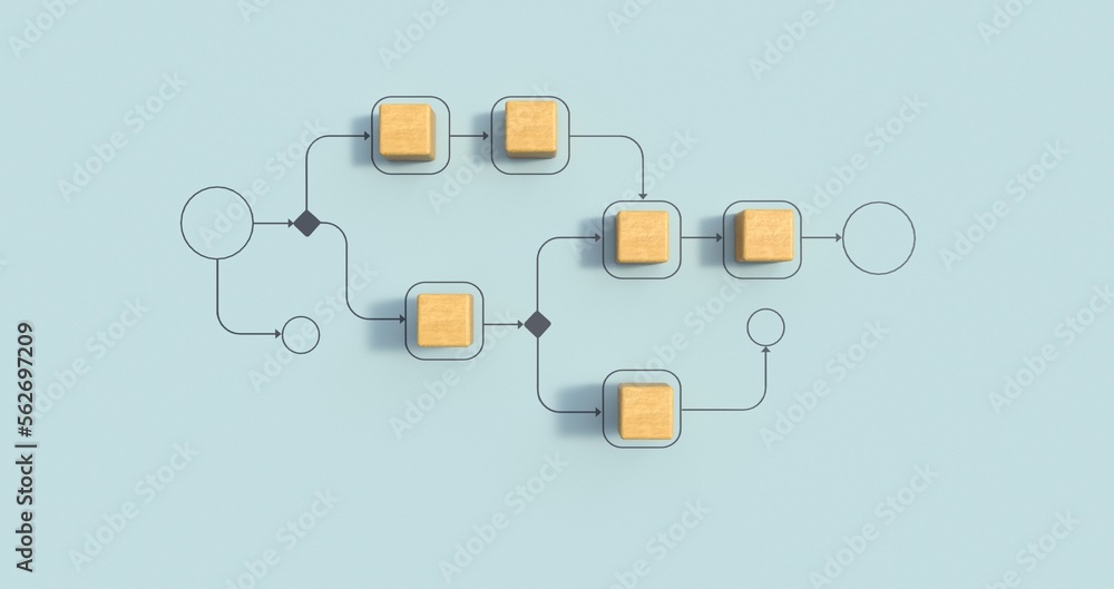 Fototapete Business process management and automation concept with person moving wooden pieces on flowchart diagram. Workflow implementation to improve productivity and efficiency. Management and organization