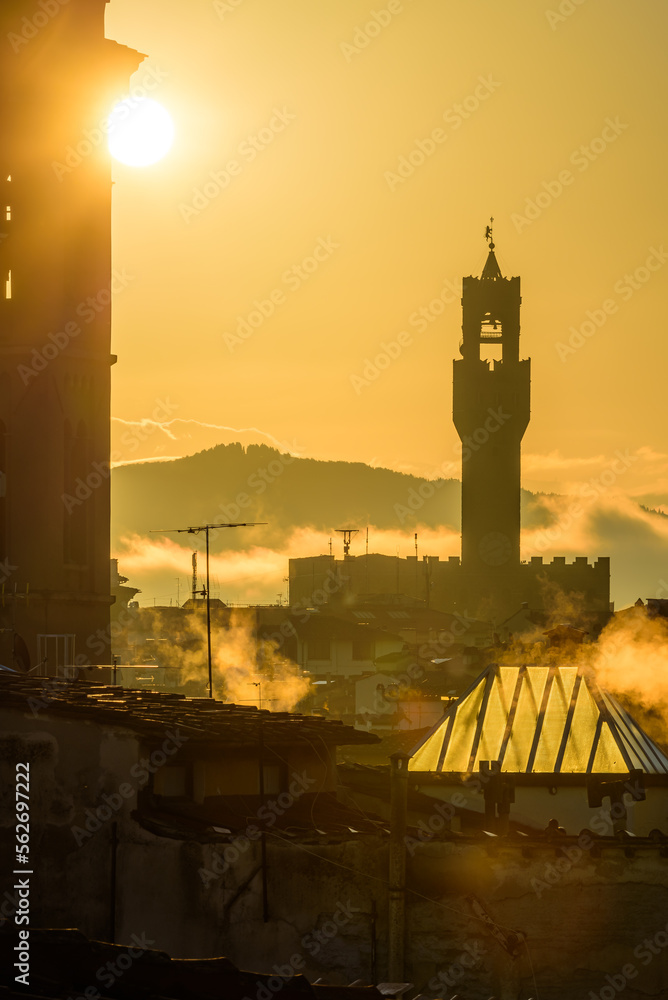 Wall mural the rising sun over the florence cityscape with the towers of the chiesa di san salvatore in ognissa