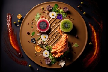 a plate with a variety of fruits and vegetables on it, including kiwi, oranges, and other fruits and vegetables, on a dark background with a red substance of brown and orange. Generative AI