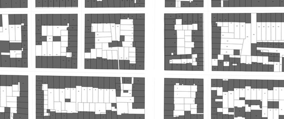 Fototapeta premium Urbanisme et territoire - plan cadastral avec limites de parcelles et bâtiments du centre ville d'une métropole
