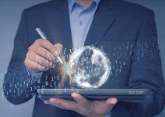 Blockchain technology and blockchain network business banner ideas Global cryptocurrency blockchain title. Blockchain title side view with 0's and 1's flying on top. image of investors