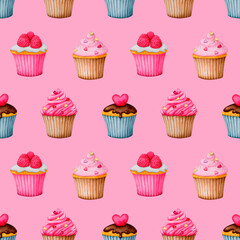 Seamless patern with cupcakes on a pink background. Watercolor design for Valentine's Day, Birthday, Wedding, Anniversary. Ideal for printing on packaging, wrapping, stationery, fabrics, textiles..