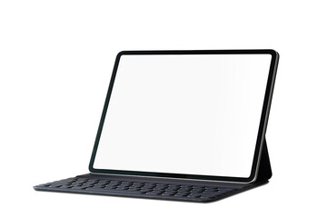 Tablet pc with blank white screen and keyboard isolated on white background