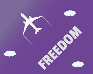 Passenger plane on purple sky with freedom text, solo traveling concept, tourism banner idea