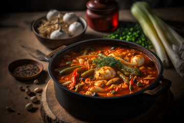 Hot and spicy korean kimchi soup. Generative AI