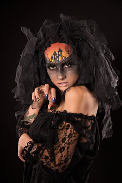 Halloween devil's bride with scary gothic makeup