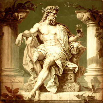 the ancient god of Olympus on the throne with a glass of purple wine in the form of a marble statue