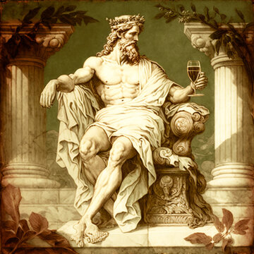 the ancient god of Olympus on the throne with a glass of purple wine in the form of a marble statue