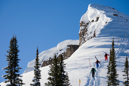 Group of three skiers hiking up boundary line at ski area.
