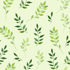 Watercolor seamless hand drawn floral pattern with green leaves