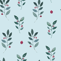 Watercolor seamless hand drawn botanical pattern with abstract red berries and green leaves
