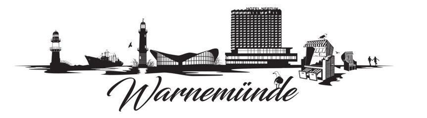 Skyline von Warnemünde mit Hotel Neptun als Vektoren - obrazy, fototapety, plakaty