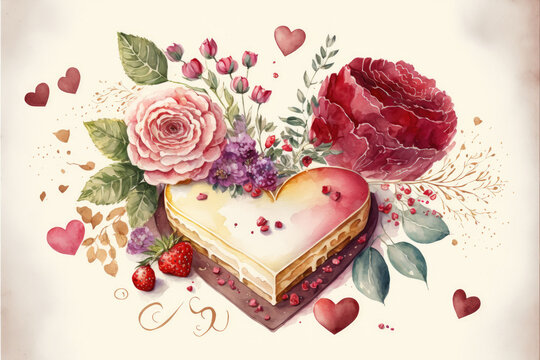 Beautiful Valentine's Day heart made of birthday cake. Watercolor illustration