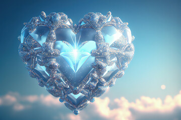 Beautiful blue heart for Valentine's Day in the form of a diamond. 3D illustration