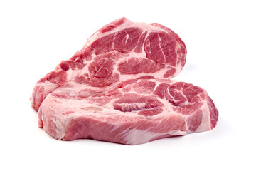 Raw pork shuulder steaks, isolated on white background. High resolution image.