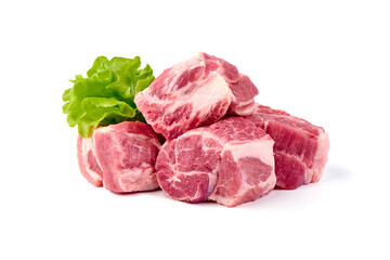 Raw pork pieces, isolated on white background. High resolution image.