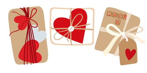 A set of gifts. Simple packaged Valentine's Day gifts on a white background. Gifts in the main color palette are red, white, beige. Isolated illustration for printing on postcards and banners.