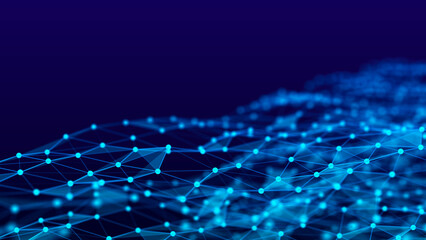 Fototapeta premium The flow of particles in a dynamic wave. Data visualization. Abstract dark background. 3D rendering.