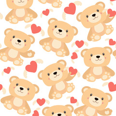 Pattern of soft toys. A beige bear with a toy in his hands and in different poses. Background for printing on textiles and paper. Gift packaging for children's parties. Background for boys and girls