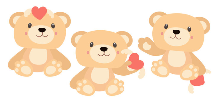 A set of teddy bears in different poses. With toys in his hands, a heart with wings. Birthday, Valentine's Day, a holiday gift for a girl, a child. Banner. Vector illustration