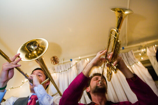A student funk band performs at a house party in Stanford, California.