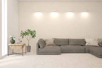 White living room with sofa. Scandinavian interior design. 3D illustration