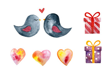 Cute watercolor Valentine's set. Valentine's set with two kissing birds, presents and hearts.