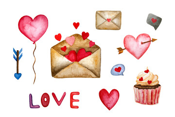 Watercolor set of Valentine's day items. Watercolor envelope with hearts,  heart, watercolor cupcake,  heart balloon, cupid's arrow.