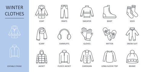 Vector winter clothes icons. Line icon set editable stroke. Warm jacket hat scarf gloves. Shoes pants socks long-sleeved sweater fleece jacket. Stock illustration isolated on white background