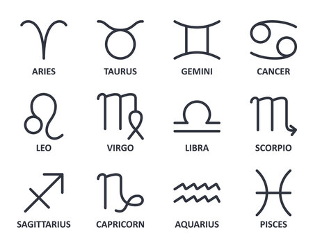 Vector icons of zodiac signs. Line icon set editable stroke astrology. Horoscope symbols with title. Stylized elements. Stock illustration isolated on white background