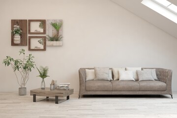 White living room with sofa. Scandinavian interior design. 3D illustration