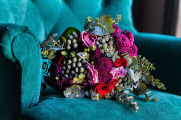 wedding bouquet on the sofa