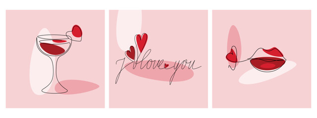 Web banner design templates. A set of backgrounds for Mother's Day, Valentine's Day, Women's Day.A glass of wine, lips, the inscription "I love you", drawn with a line.Vector illustration.