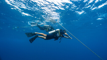 Obraz premium divers practicing a very safe descent holding on to a rope