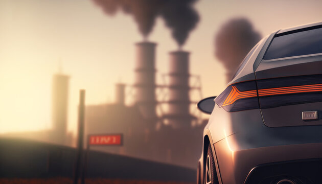rear view of a combustion vehicle and polluting factories. concept pollution in cities. Generative ai. Illustration.