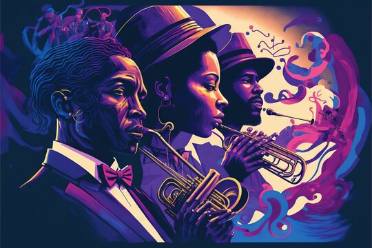  A Group Of Men In Suits And Hats Playing Trumpets In Front Of A Purple Background With A Splash Of Paint On It And A Black Background With A Blue Border, Red, Purple. Generative AI