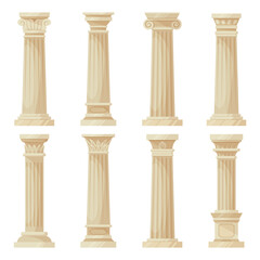 Cartoon greek columns. Cartoon ancient pillars, doric, ionic and corinthian ornaments, antique colonnade decoration flat vector illustration on white background