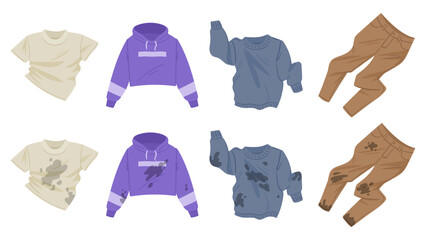 Cartoon dirty and clean clothes. Laundry apparel, wrinkled stained clothes become clean and fresh flat vector illustration on white background