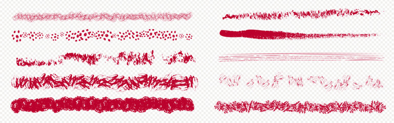 Red paint stroke set or brush stripe trace vector illustration. Inky brushstroke grunge texture. Scribble isolated element for fabric print. Handdrawn horizontal acrylic pencil gouache dab