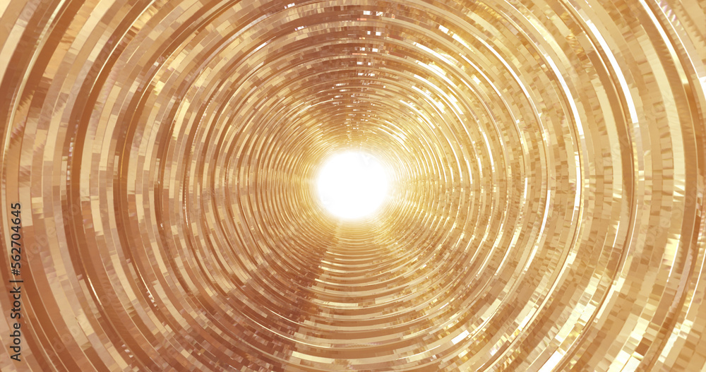 Poster a rotating golden metallic shiny tunnel with walls of ribs and lines in the form of a circle with re
