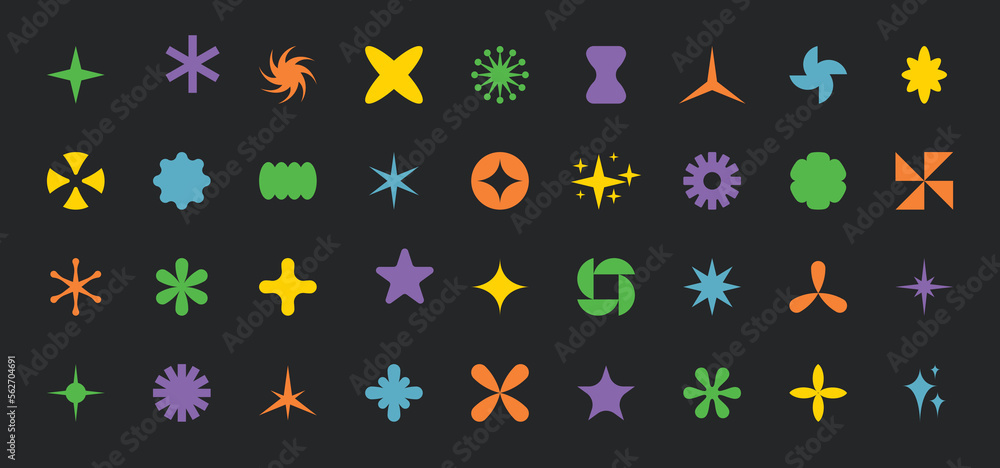 Poster different abstract brutalism star shapes and design elements. minimalist geometric figures. colorful