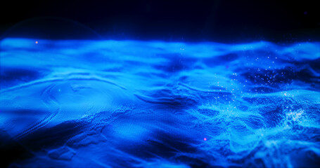 Abstract blue futuristic landscape of particles and dots of energetic magic with glow and blur effect, abstract background