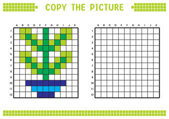Fototapeta premium Copy the picture, complete the grid image. Educational worksheets drawing with squares, coloring cell areas. Children's preschool activities. Cartoon vector, pixel art. Plants and pots illustration.