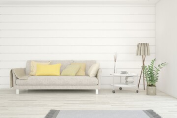 White living room with sofa. Scandinavian interior design. 3D illustration