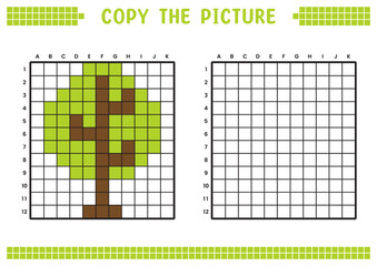 Fototapeta premium Copy the picture, complete the grid image. Educational worksheets drawing with squares, coloring cell areas. Children's preschool activities. Cartoon vector, pixel art. Tree illustration.